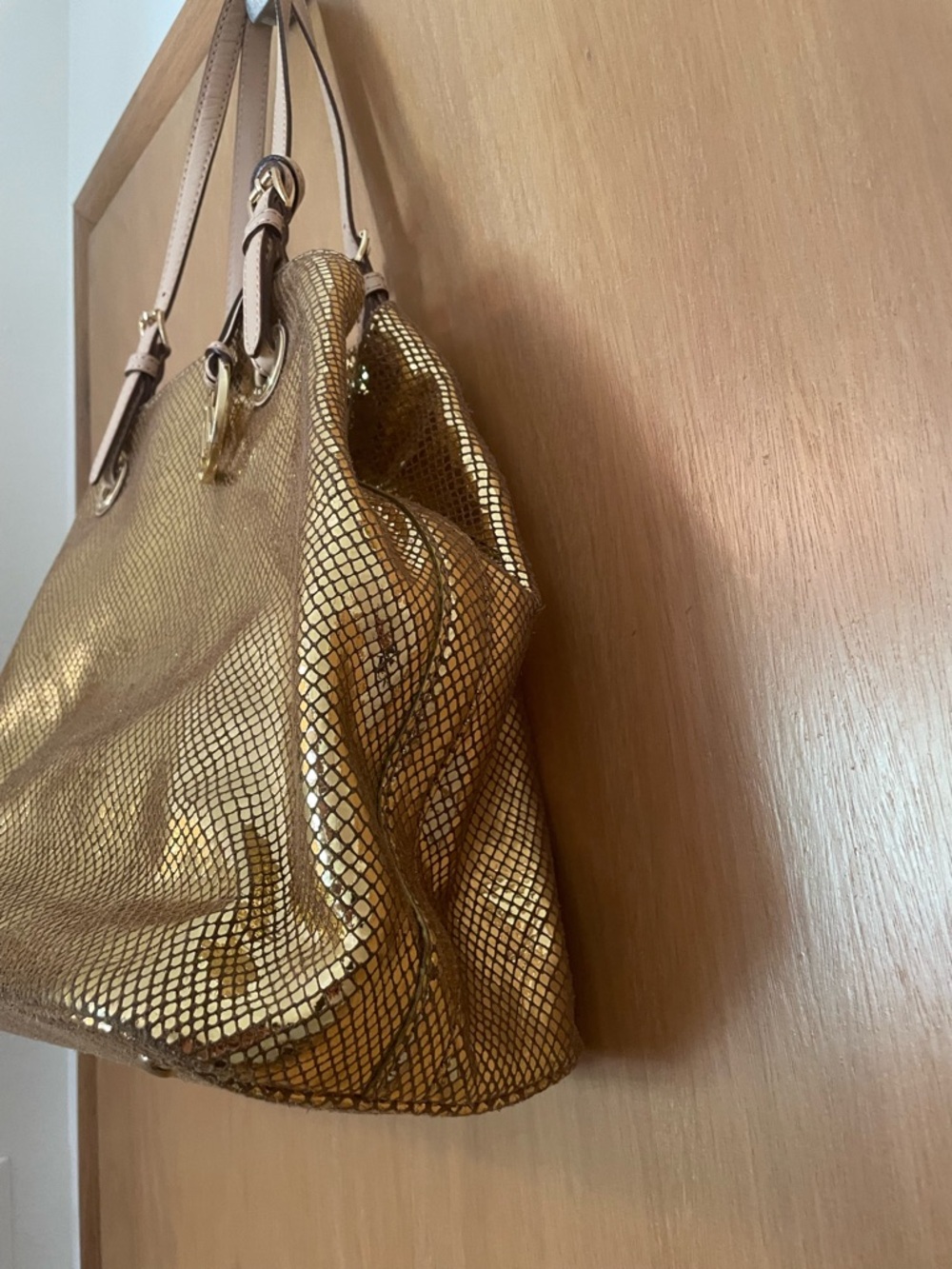 RARE Michael Kors Gold Sparkle ✨ Snake Leather Hobo Satchel Tote Shoulder Bag - Picture 7 of 14
